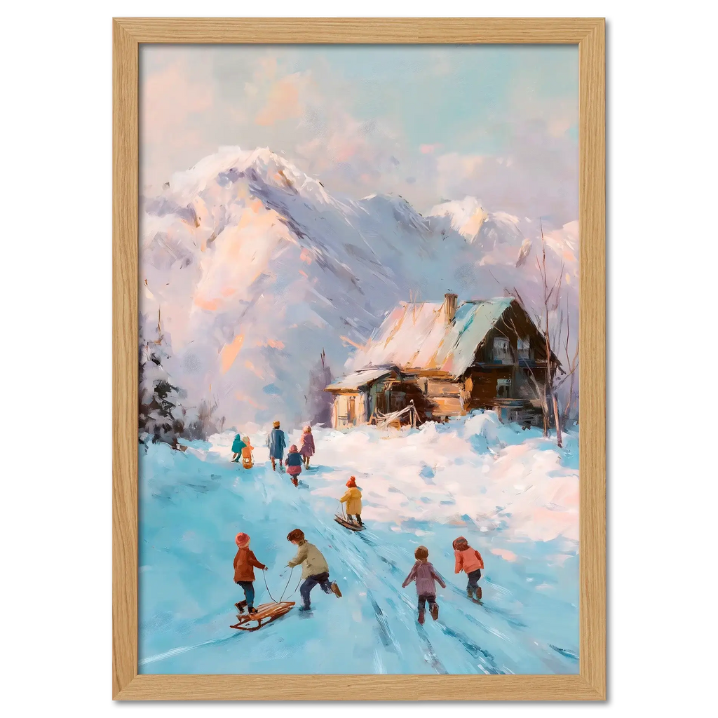 Sled Run, Alps Ridge - Poster featuring children playing in snow near a wooden cabin with mountains in background.