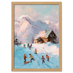 Sled Run, Alps Ridge - Poster featuring children playing in snow near a wooden cabin with mountains in background.