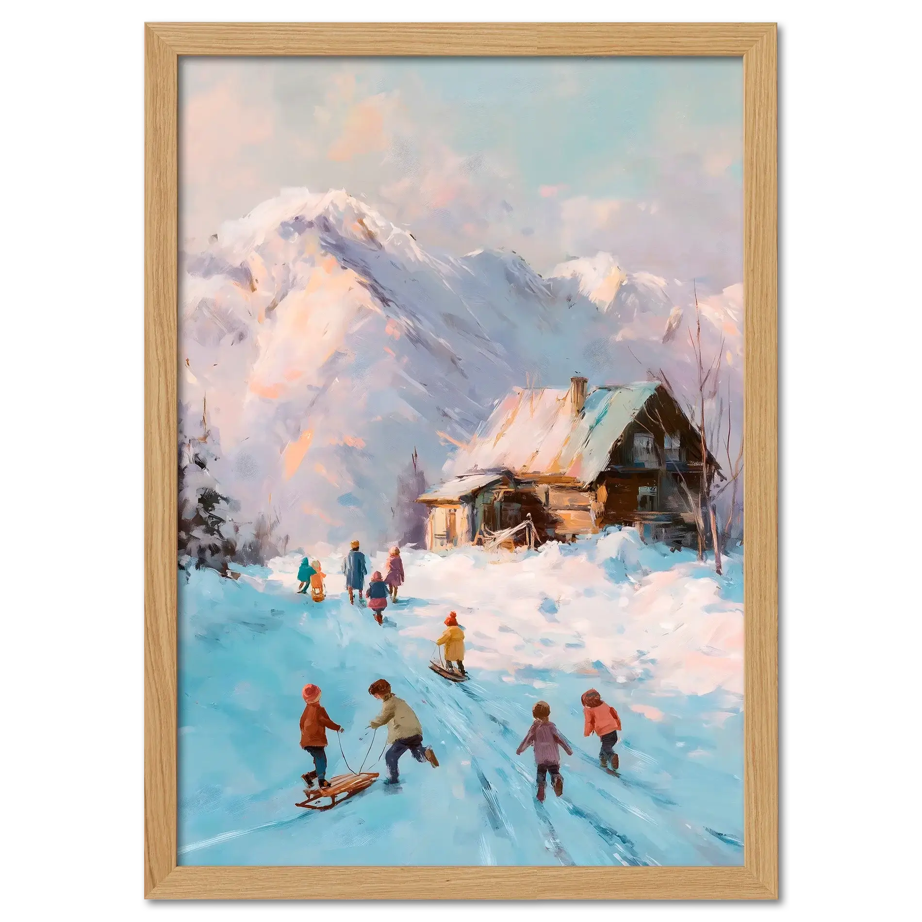 Sled Run, Alps Ridge - Poster featuring children playing in snow near a wooden cabin with mountains in background.