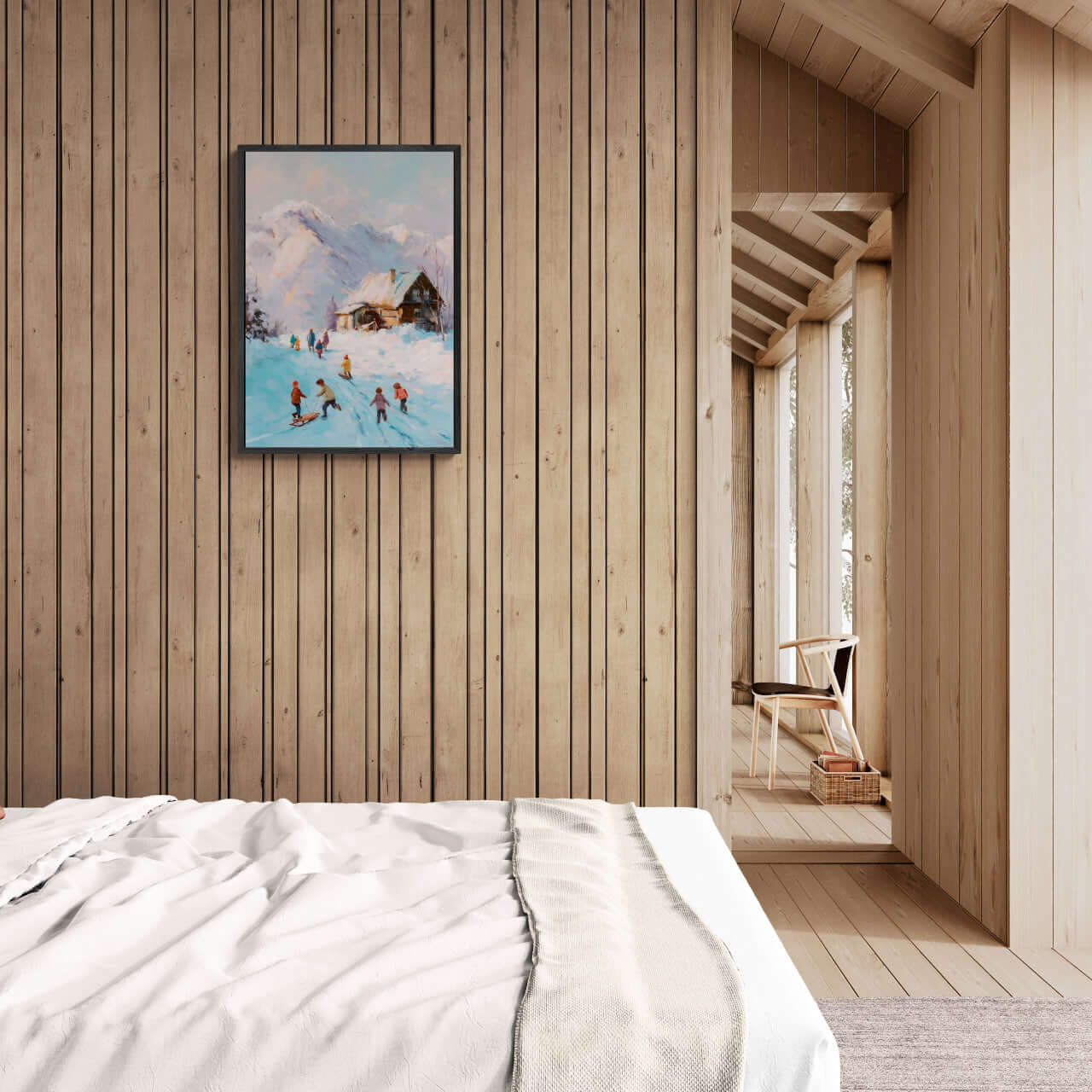 Sled Run, Alps Ridge - Poster displayed in a cozy wood-paneled room, depicting children playing in the snow.