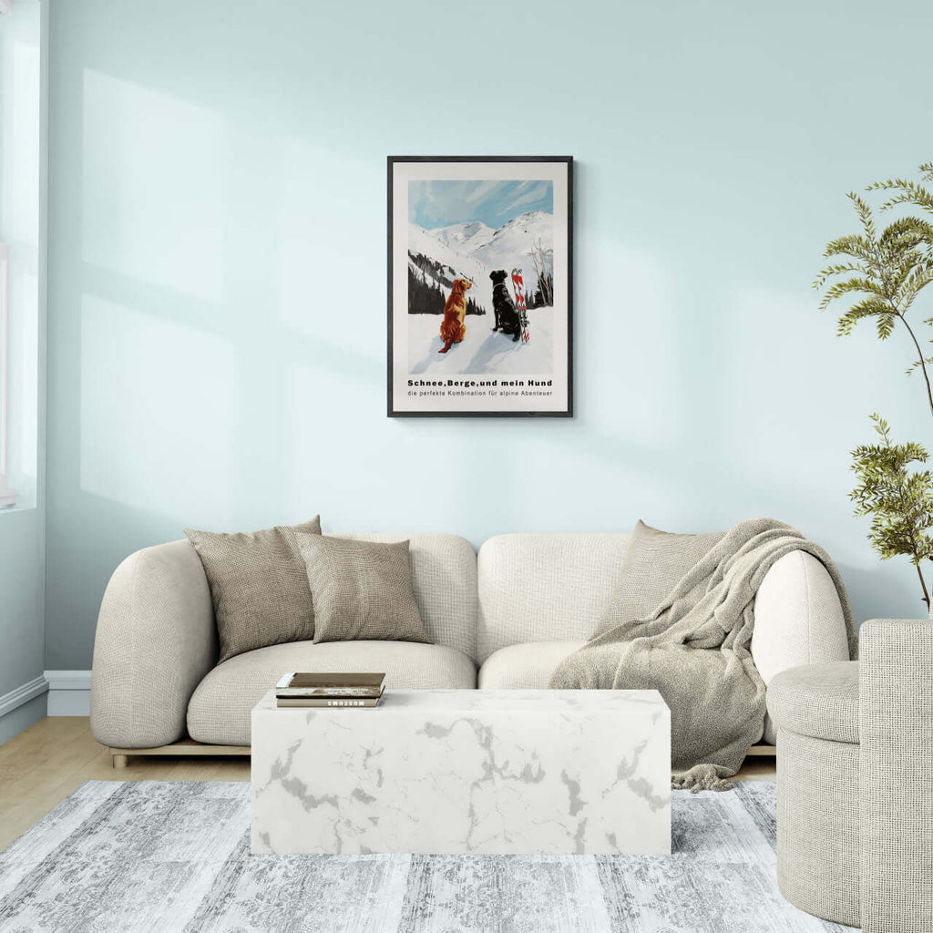 Snow - Mountains And my dog - Poster in a modern living room setting with cozy couch and stylish decor.