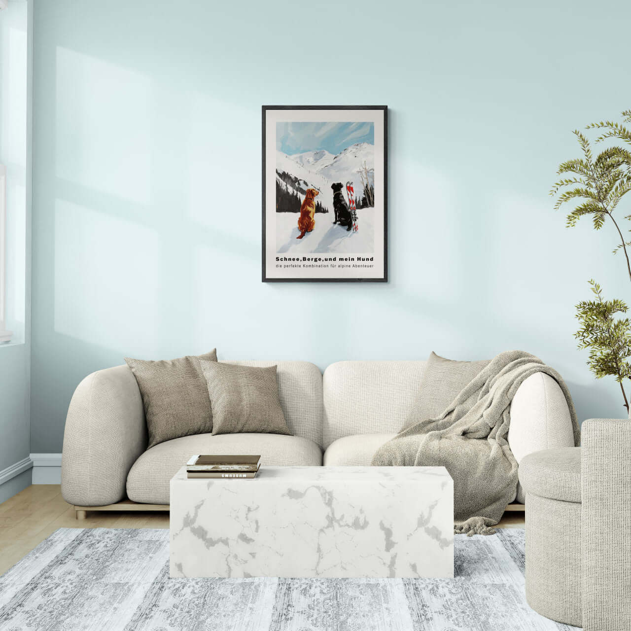 Snow - Mountains And my dog - Poster in a modern living room setting with cozy couch and stylish decor.