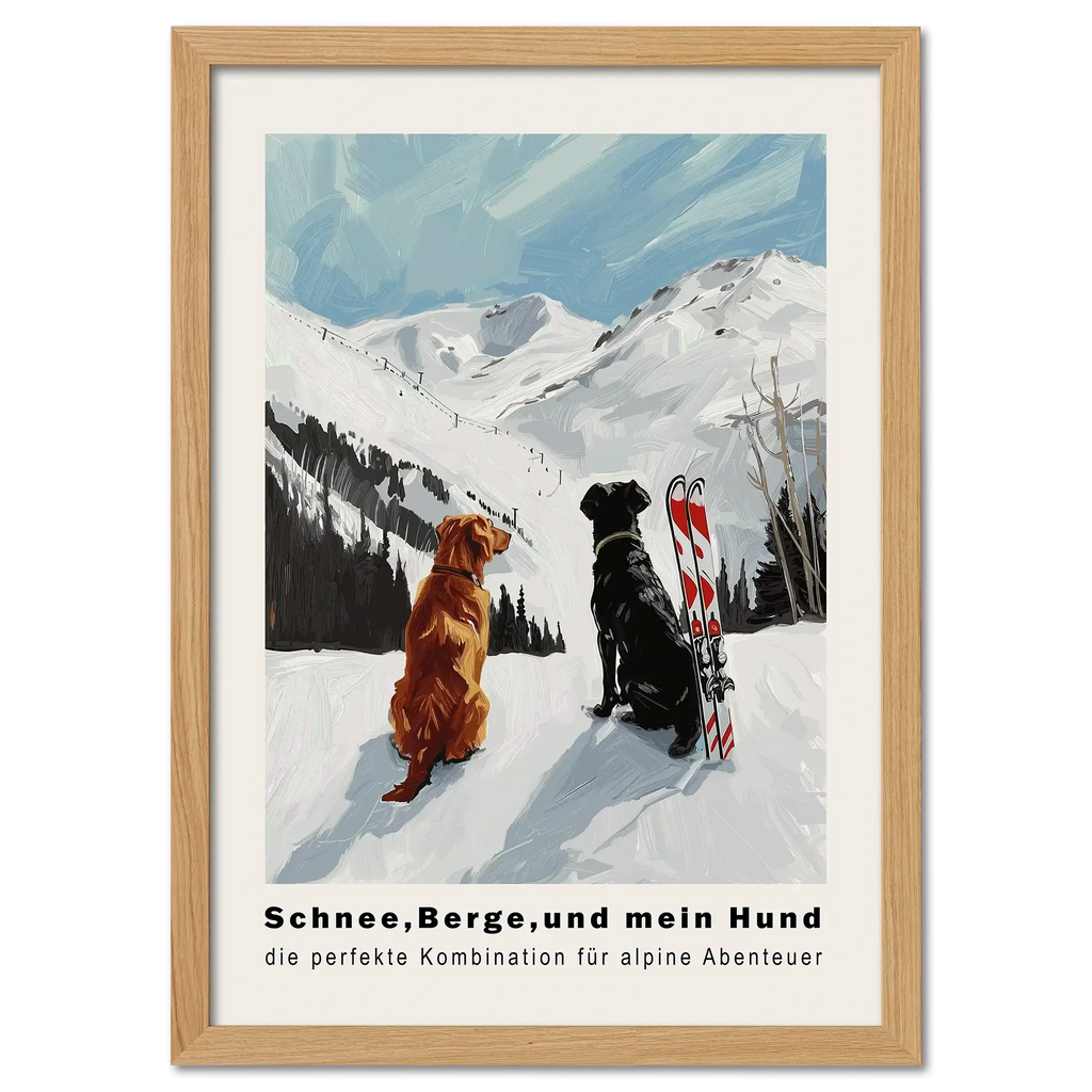 Snow - Mountains And my dog - Poster featuring two dogs in the snow with alpine mountains and skis.