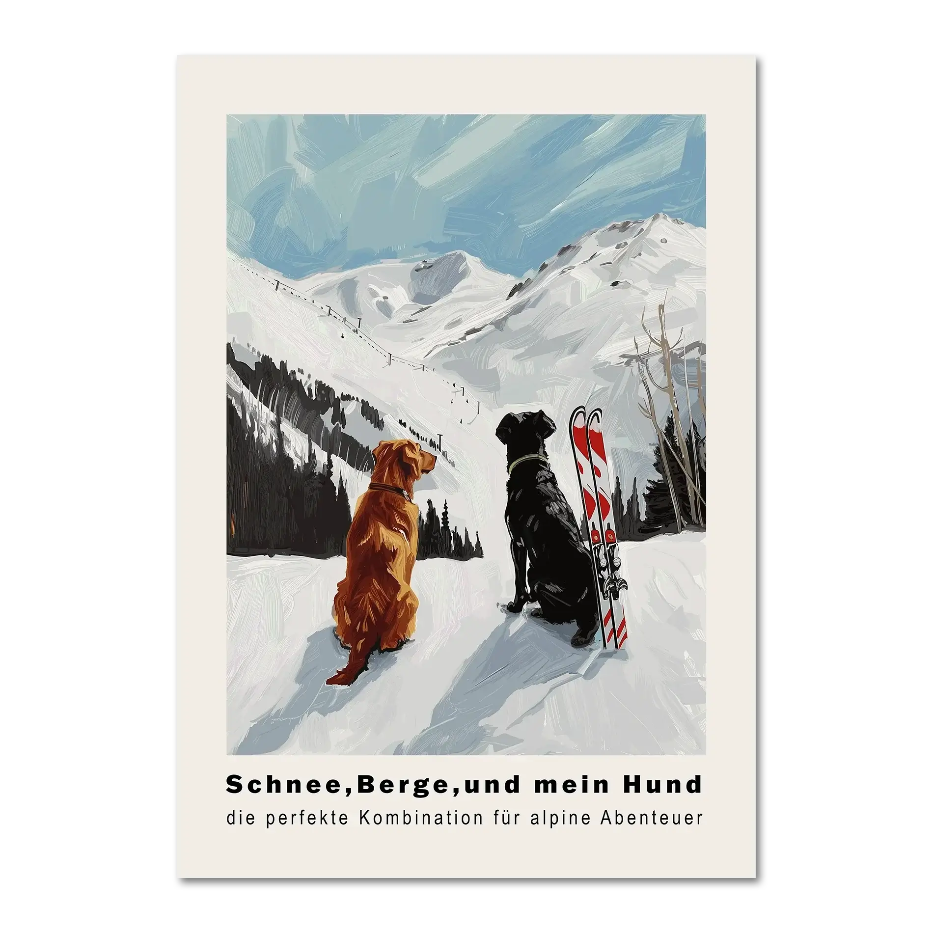 Snow - Mountains And my dog - Poster featuring two dogs in snow with skis and alpine mountains in the background.