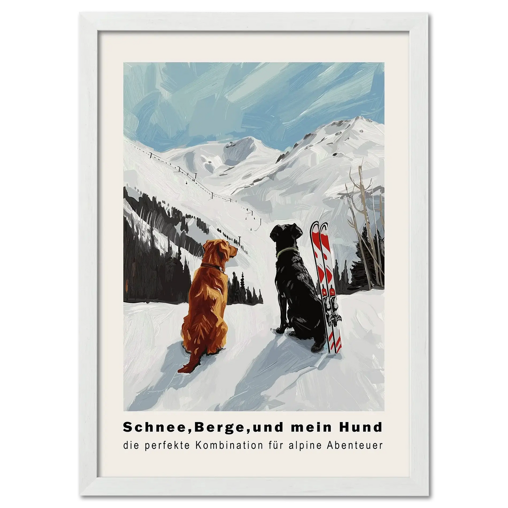 Snow - Mountains And my dog - Poster featuring two dogs in snow with skis near alpine mountains.
