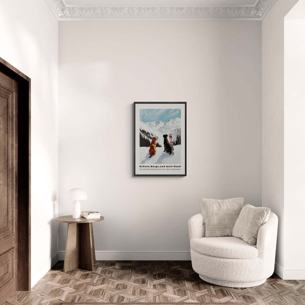 Snow - Mountains And my dog - Poster displayed in modern interior decor with cozy seating.