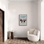 Snow - Mountains And my dog - Poster displayed in modern interior decor with cozy seating.