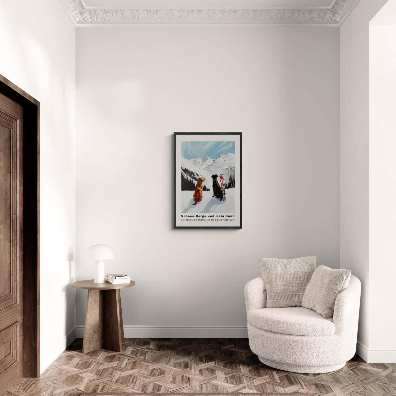 Snow - Mountains And my dog - Poster displayed in modern interior decor with cozy seating.