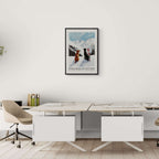 Snow - Mountains And my dog - Poster displayed in a modern office, showcasing alpine landscape and dogs in snow.