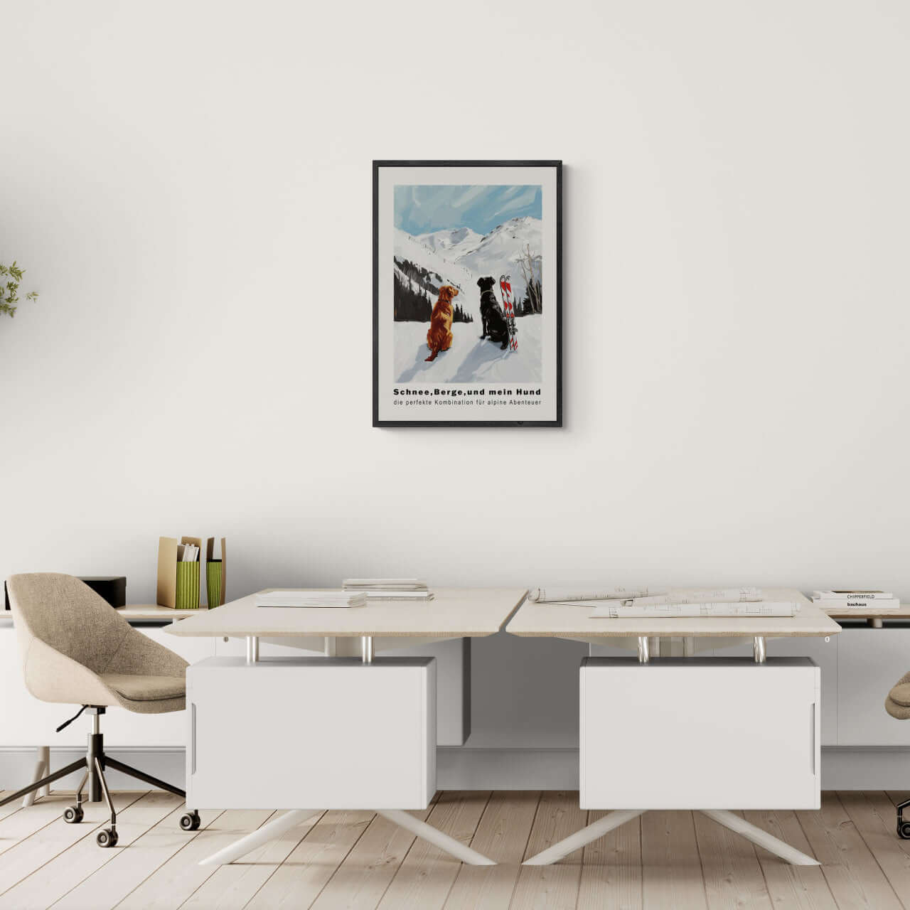 Snow - Mountains And my dog - Poster displayed in a modern office, showcasing alpine landscape and dogs in snow.