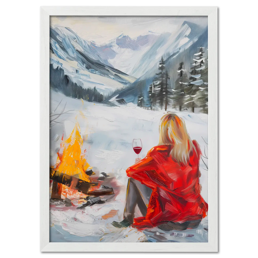 You're not alone with Wine - Poster featuring a woman in a red coat by a campfire in a snowy valley.