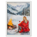 You're not alone with Wine - Poster featuring a woman in a red coat by a campfire in a snowy valley.