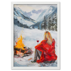You're not alone with Wine - Poster featuring a woman in a red coat by a campfire in a snowy valley.