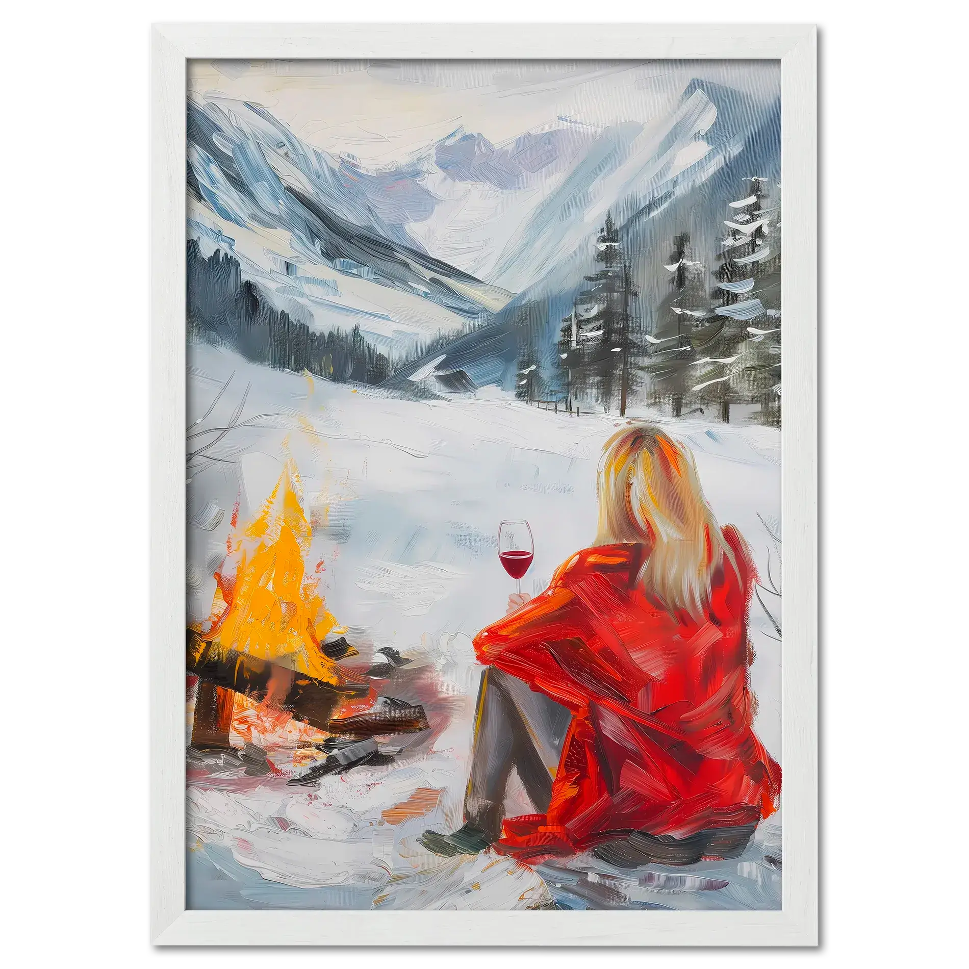 You're not alone with Wine - Poster featuring a woman in a red coat by a campfire in a snowy valley.