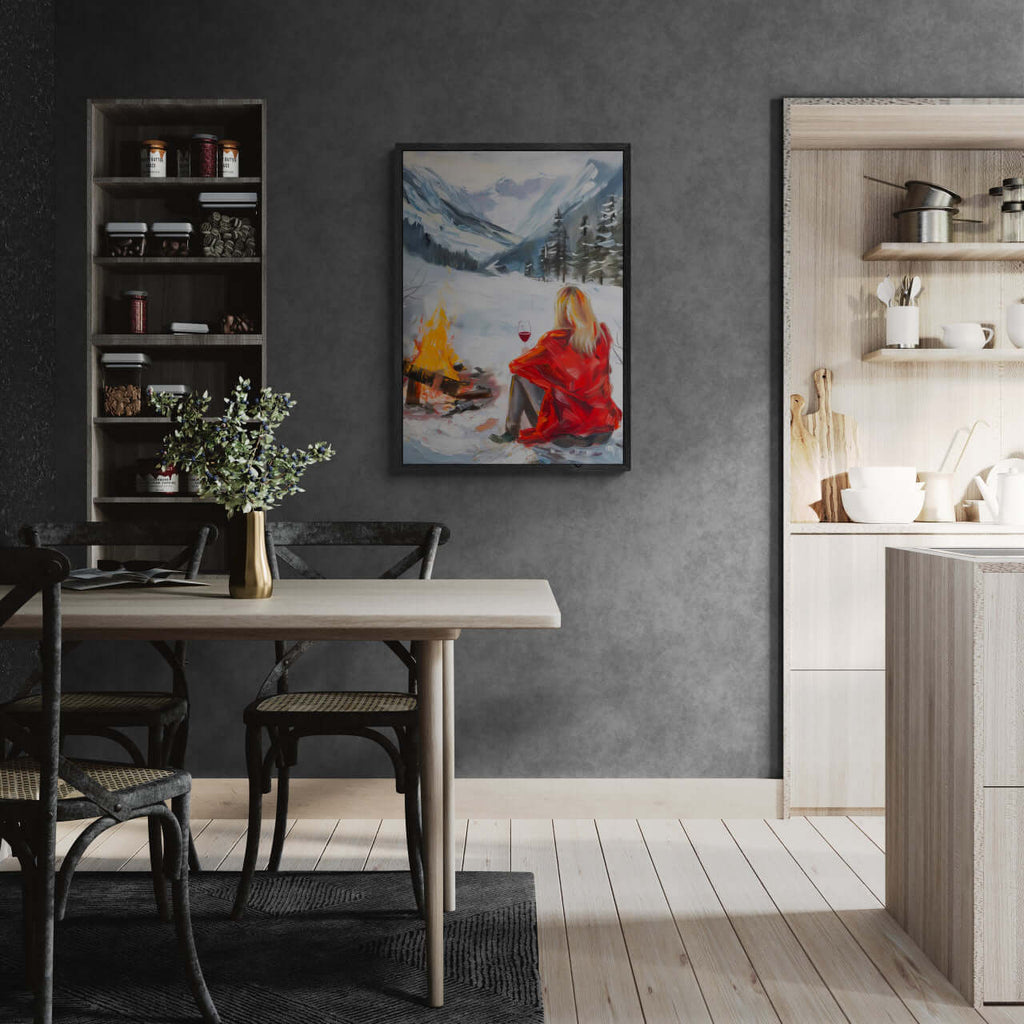 You're not alone with Wine - Poster depicted in a cozy dining area featuring a figure by a campfire.