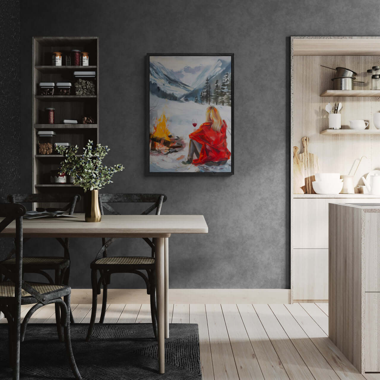 You're not alone with Wine - Poster depicted in a cozy dining area featuring a figure by a campfire.