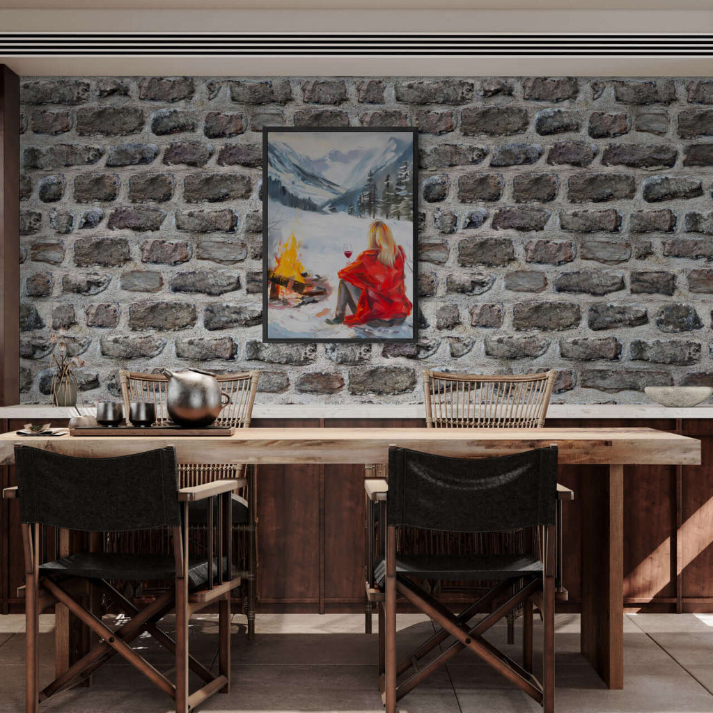 You're not alone with Wine - Poster displayed in a cozy dining area with a stone wall.