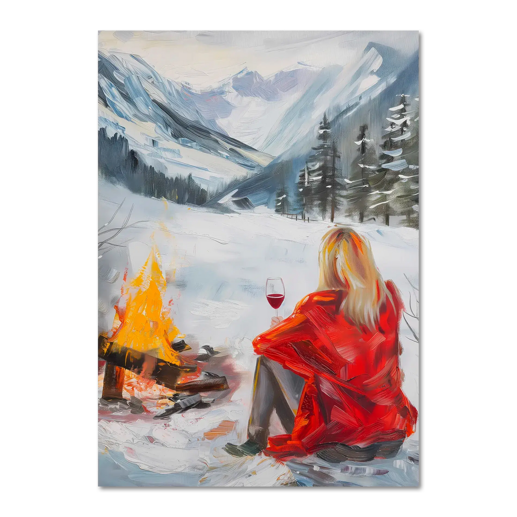You're not alone with Wine - Poster featuring a figure in a red coat by a campfire in a snowy valley.