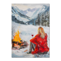 You're not alone with Wine - Poster featuring a figure in a red coat by a campfire in a snowy valley.