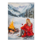 You're not alone with Wine - Poster featuring a figure in a red coat by a campfire in a snowy valley.