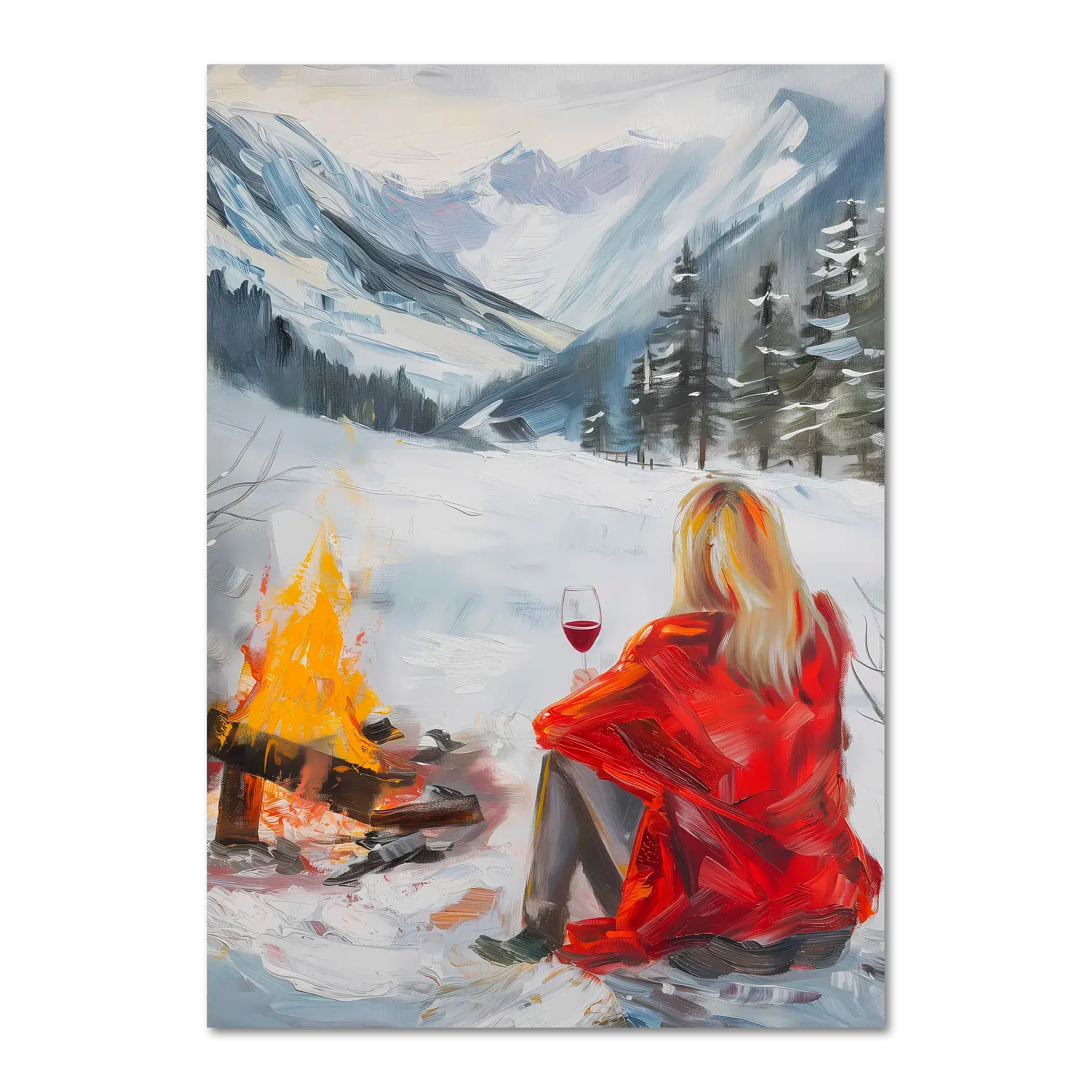 You're not alone with Wine - Poster featuring a figure in a red coat by a campfire in a snowy valley.