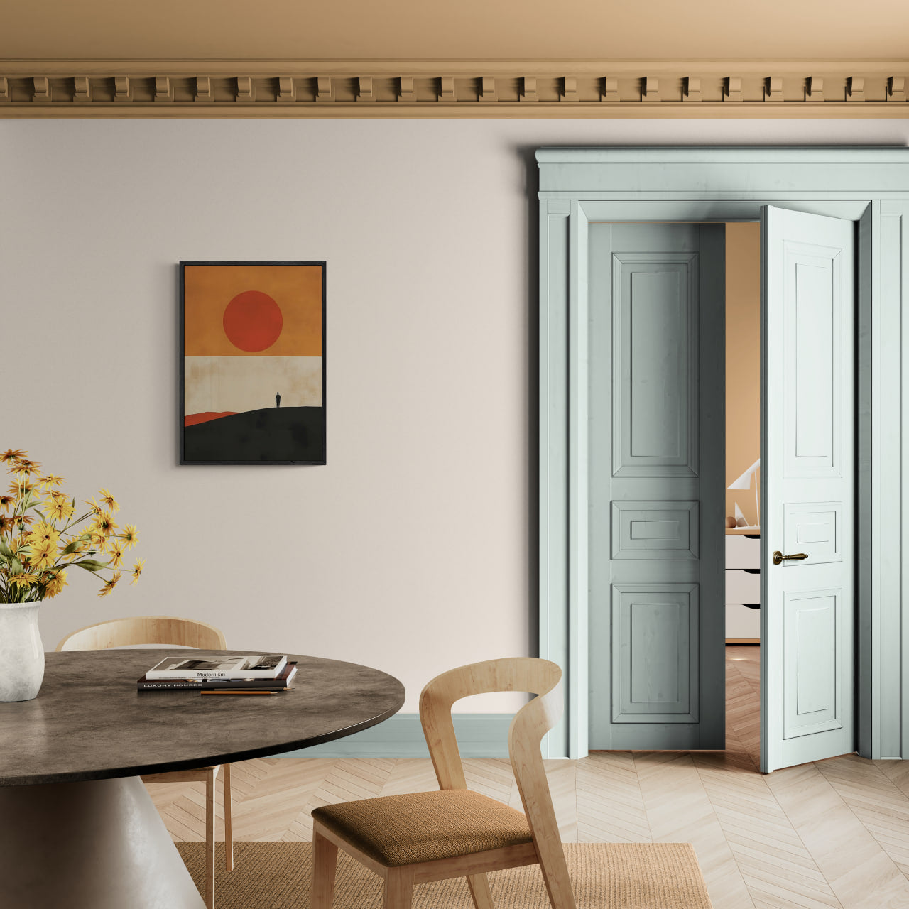 Solitude and the Sun - Poster displayed in a modern dining area with a round table and minimalist decor.