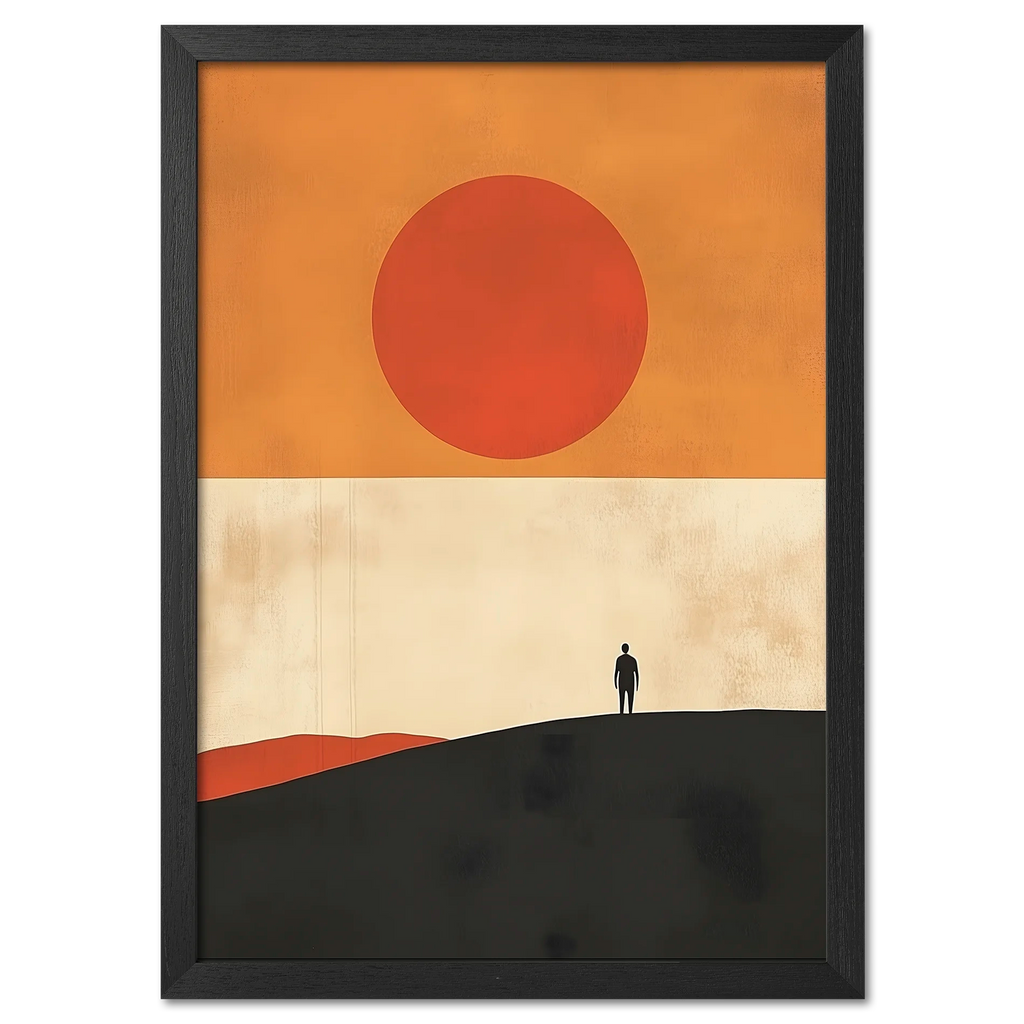 Solitude and the Sun - Poster featuring a lone figure on a hill under a warm sun in a minimalist landscape.