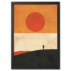 Solitude and the Sun - Poster featuring a lone figure on a hill under a warm sun in a minimalist landscape.