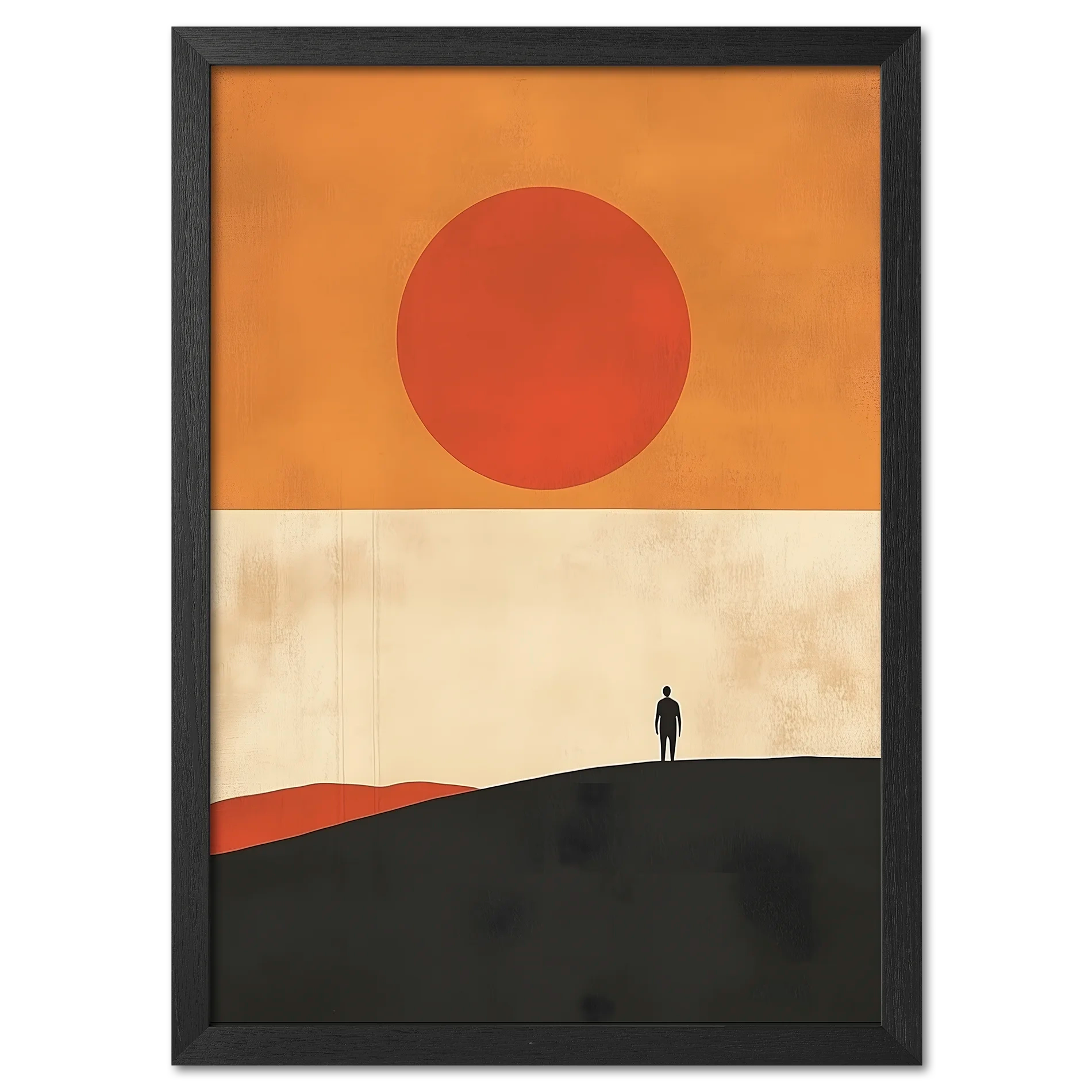 Solitude and the Sun - Poster featuring a lone figure on a hill under a warm sun in a minimalist landscape.