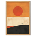 Solitude and the Sun - Poster featuring a lone figure on a hill under a warm sun with minimalistic design.
