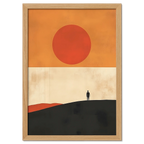 Solitude and the Sun - Poster featuring a lone figure on a hill under a warm sun with minimalistic design.