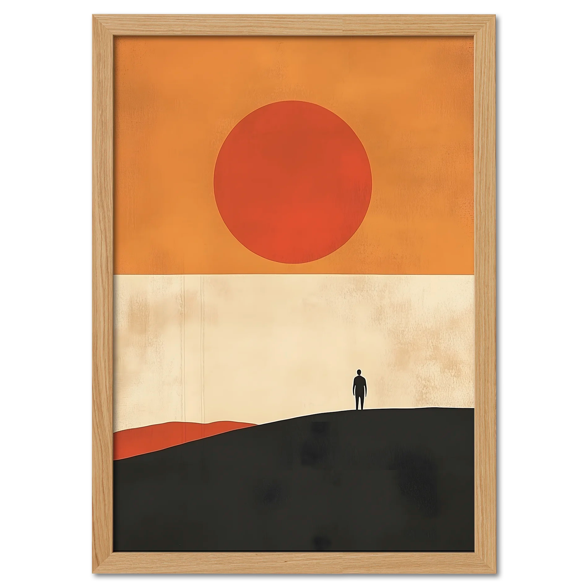 Solitude and the Sun - Poster featuring a lone figure on a hill under a warm sun with minimalistic design.