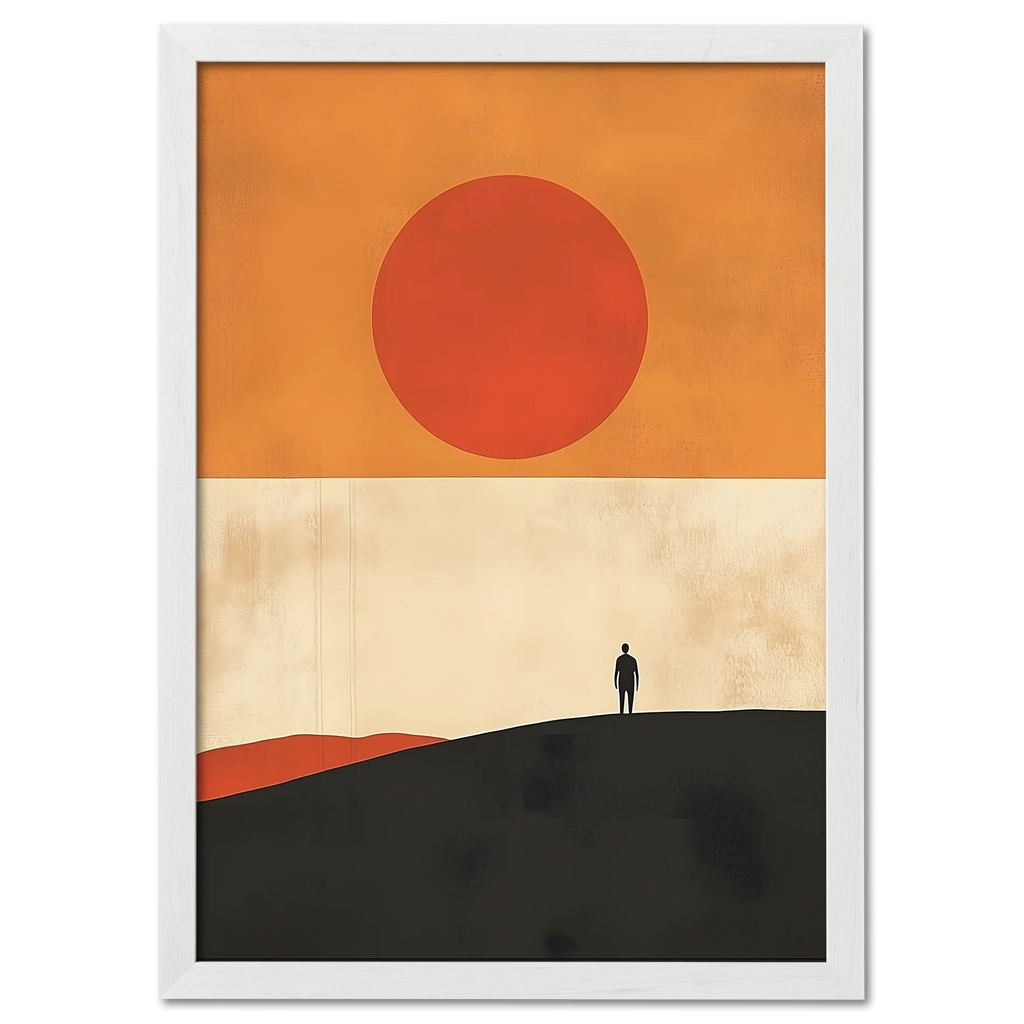 Solitude and the Sun - Poster featuring a lone figure standing on a hill under a large warm sun.