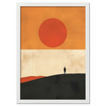 Solitude and the Sun - Poster featuring a lone figure standing on a hill under a large warm sun.