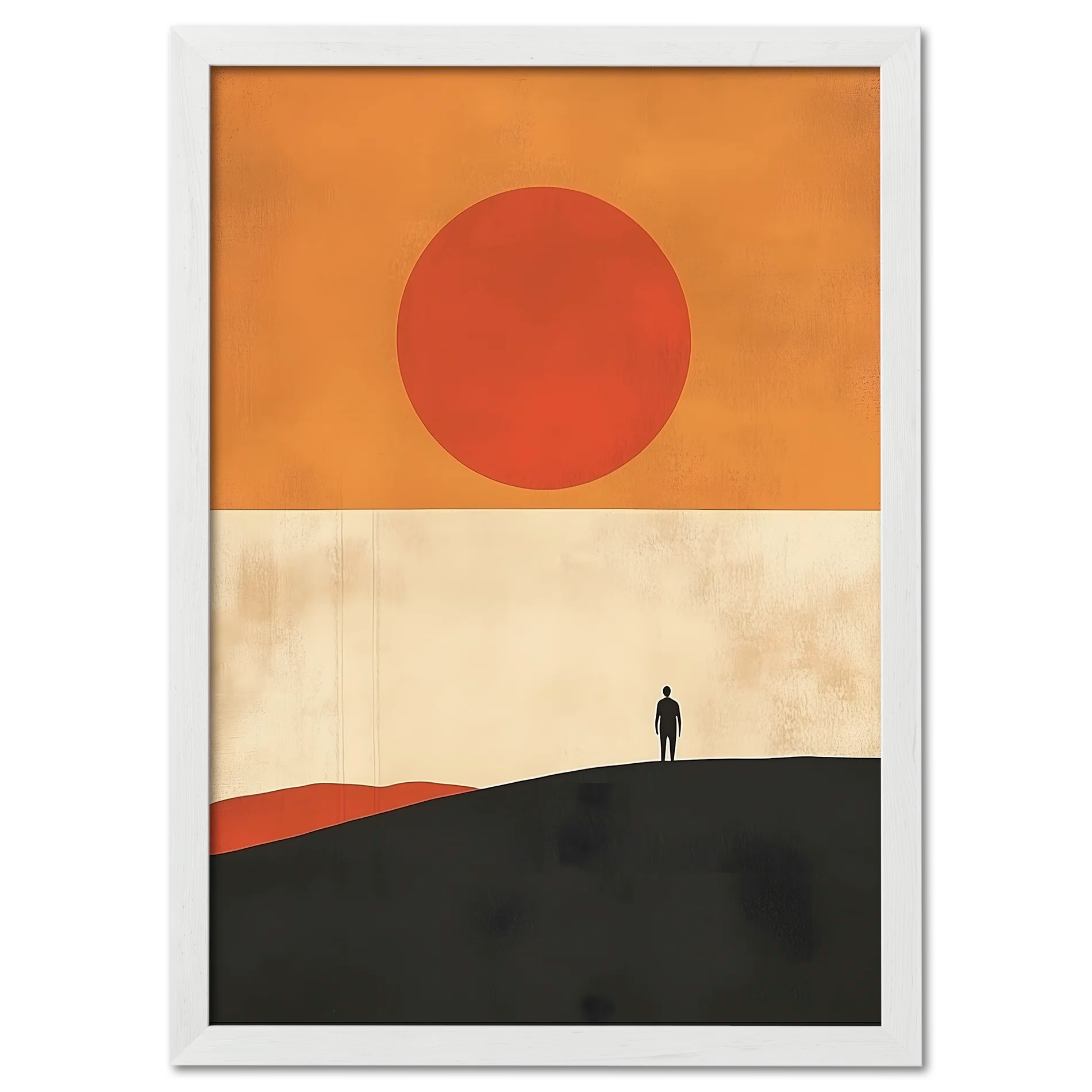 Solitude and the Sun - Poster featuring a lone figure standing on a hill under a large warm sun.