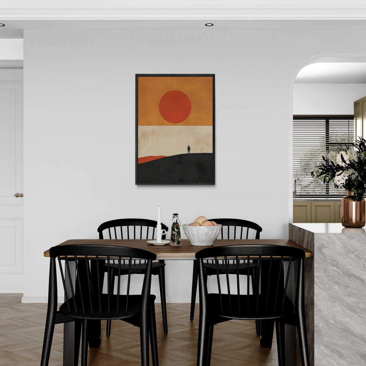 Solitude and the Sun - Poster featuring a lone figure and a large warm sun in a modern dining space.
