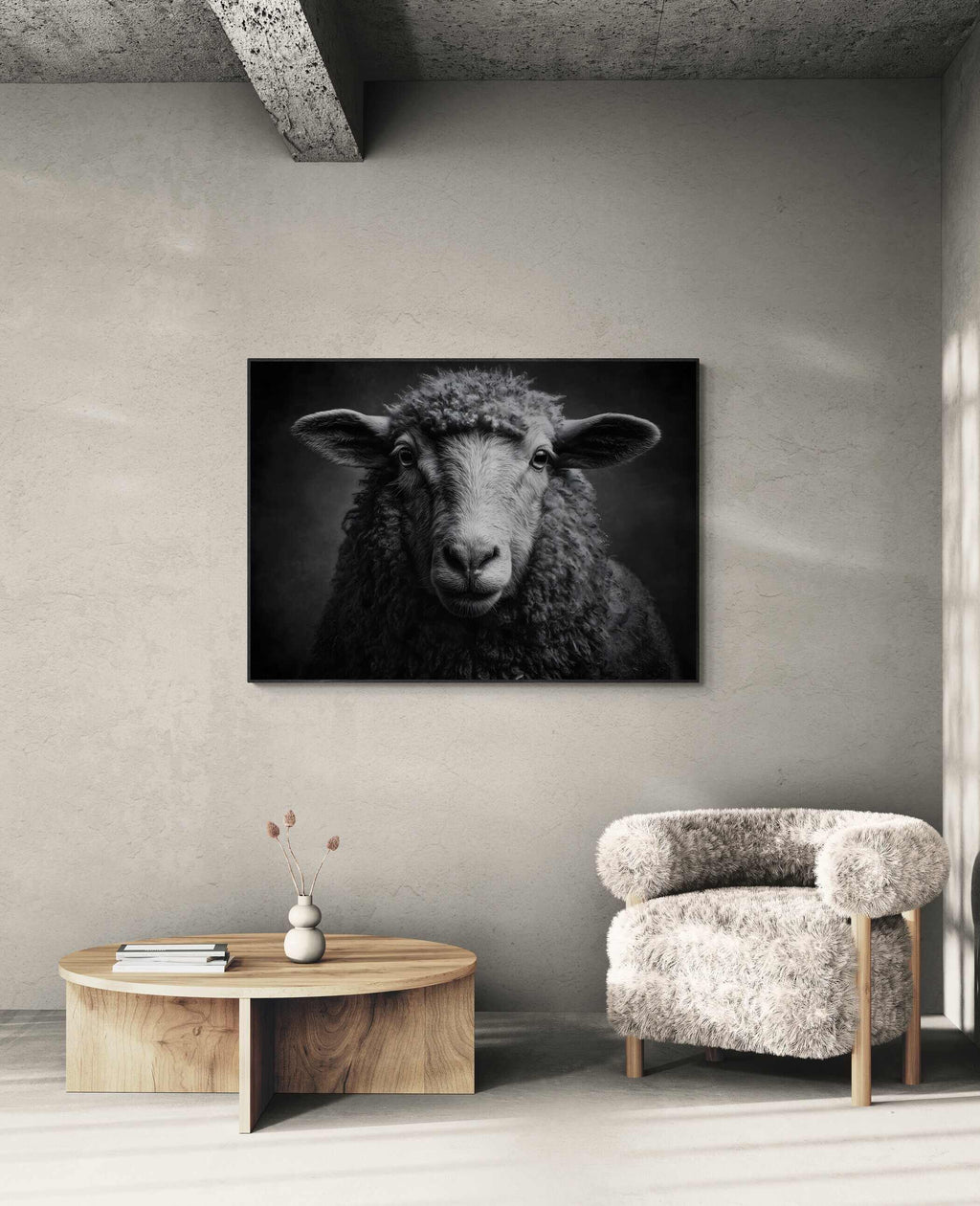 Soul of a sheep - Alu-Dibond wall art displayed in a modern living room setting on a textured wall.