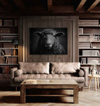 Soul of a sheep - Alu-Dibond wall art displayed in a cozy, rustic room with a wooden texture.