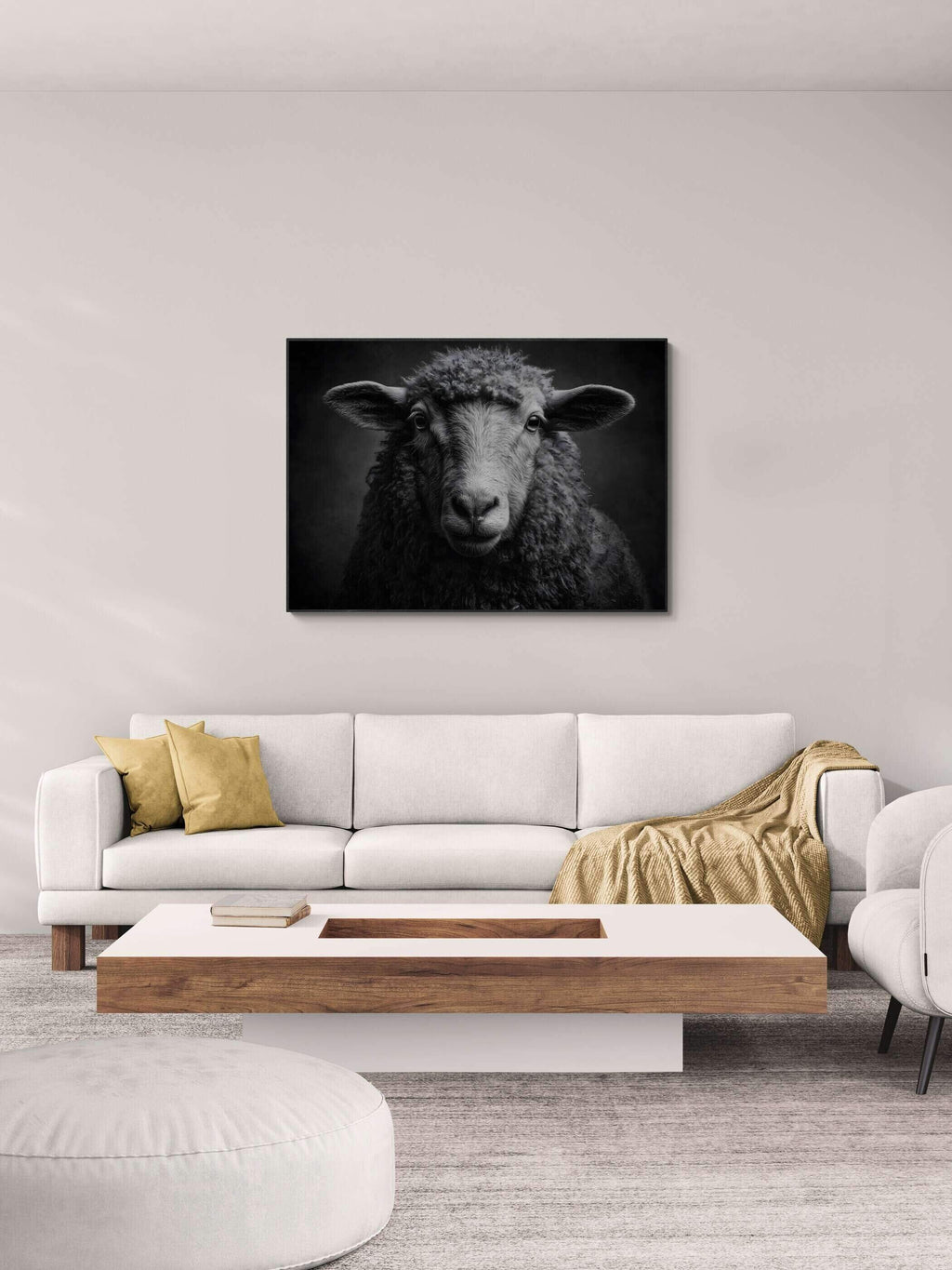 Soul of a sheep - Alu-Dibond wall art showcasing a mountain sheep in a modern living room setting.