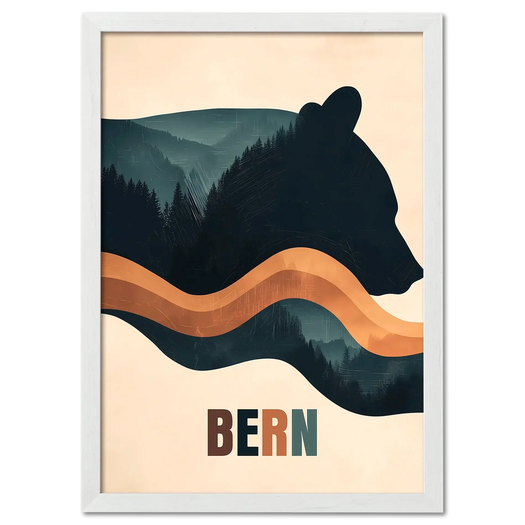 Spirit of Nature - Poster featuring a stylized bear silhouette with forested hills, inspired by Bern.