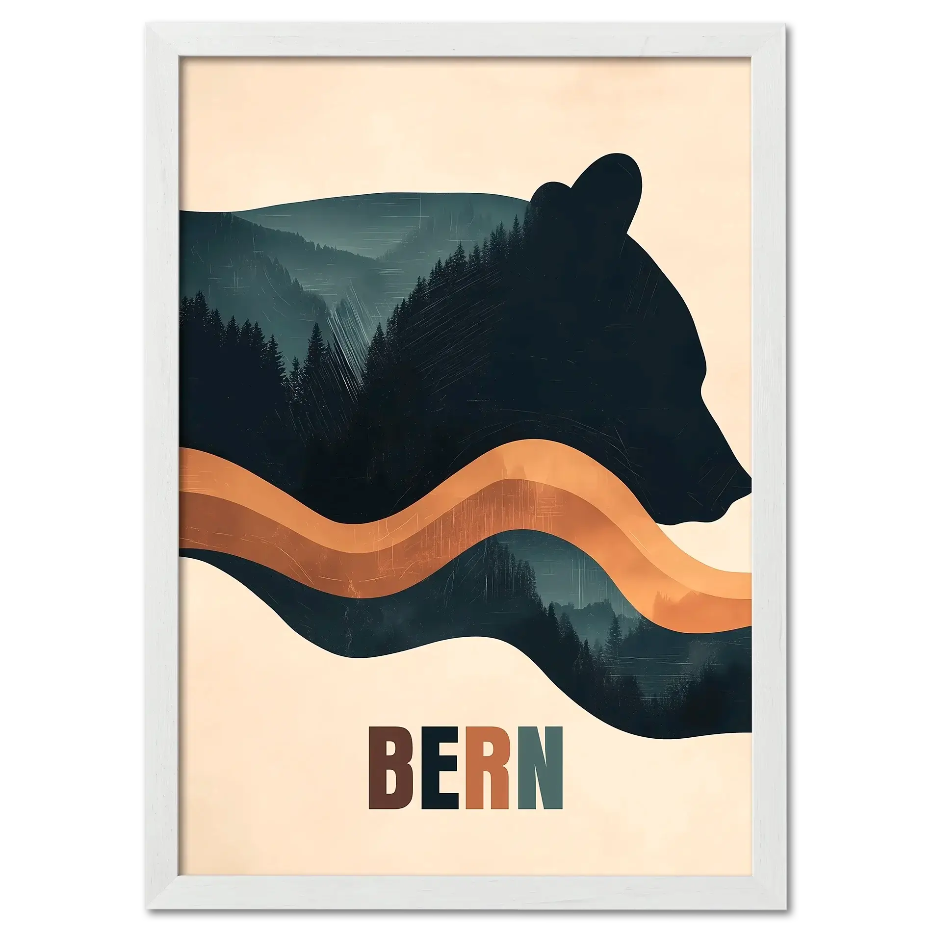 Spirit of Nature - Poster featuring a stylized bear silhouette with forested hills, inspired by Bern.