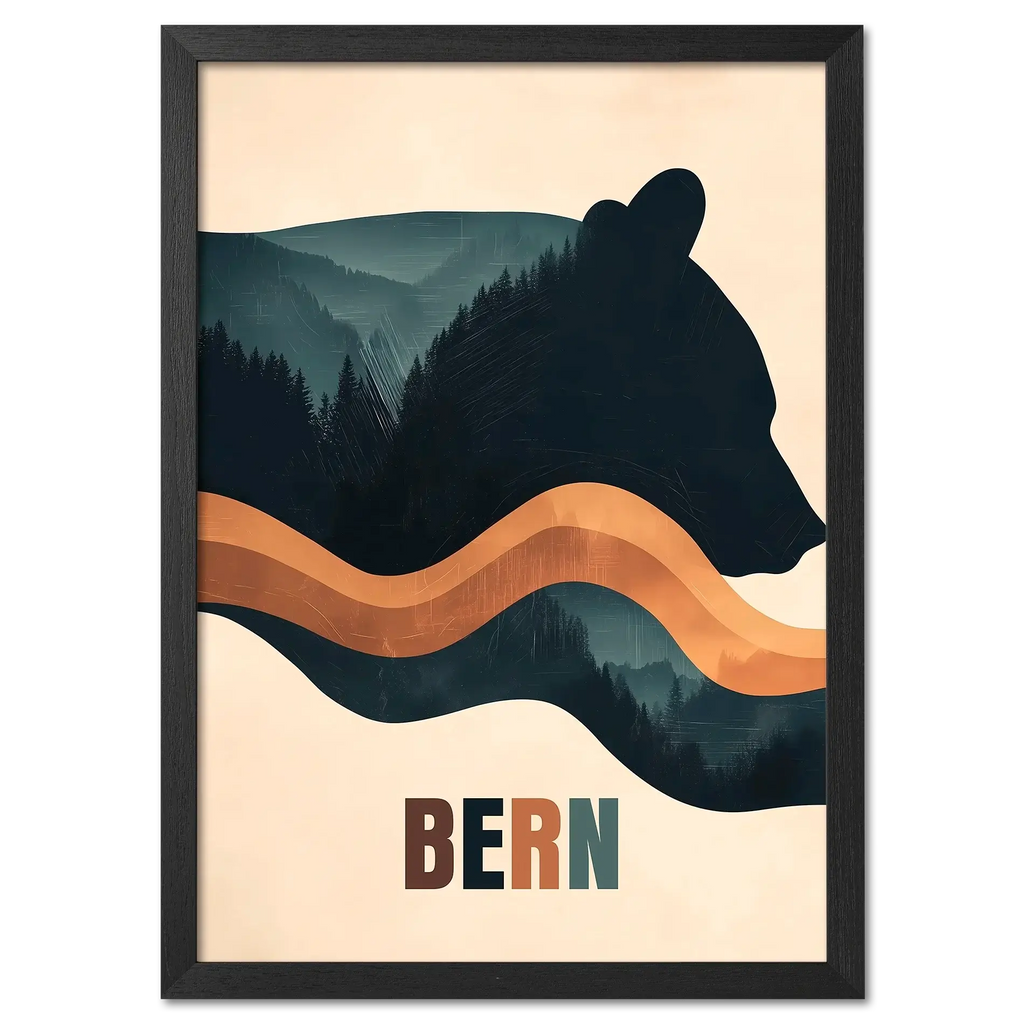 Stylized bear silhouette in Spirit of Nature - Poster with forested hills and soft earth tones, representing Bern.