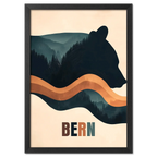 Stylized bear silhouette in Spirit of Nature - Poster with forested hills and soft earth tones, representing Bern.