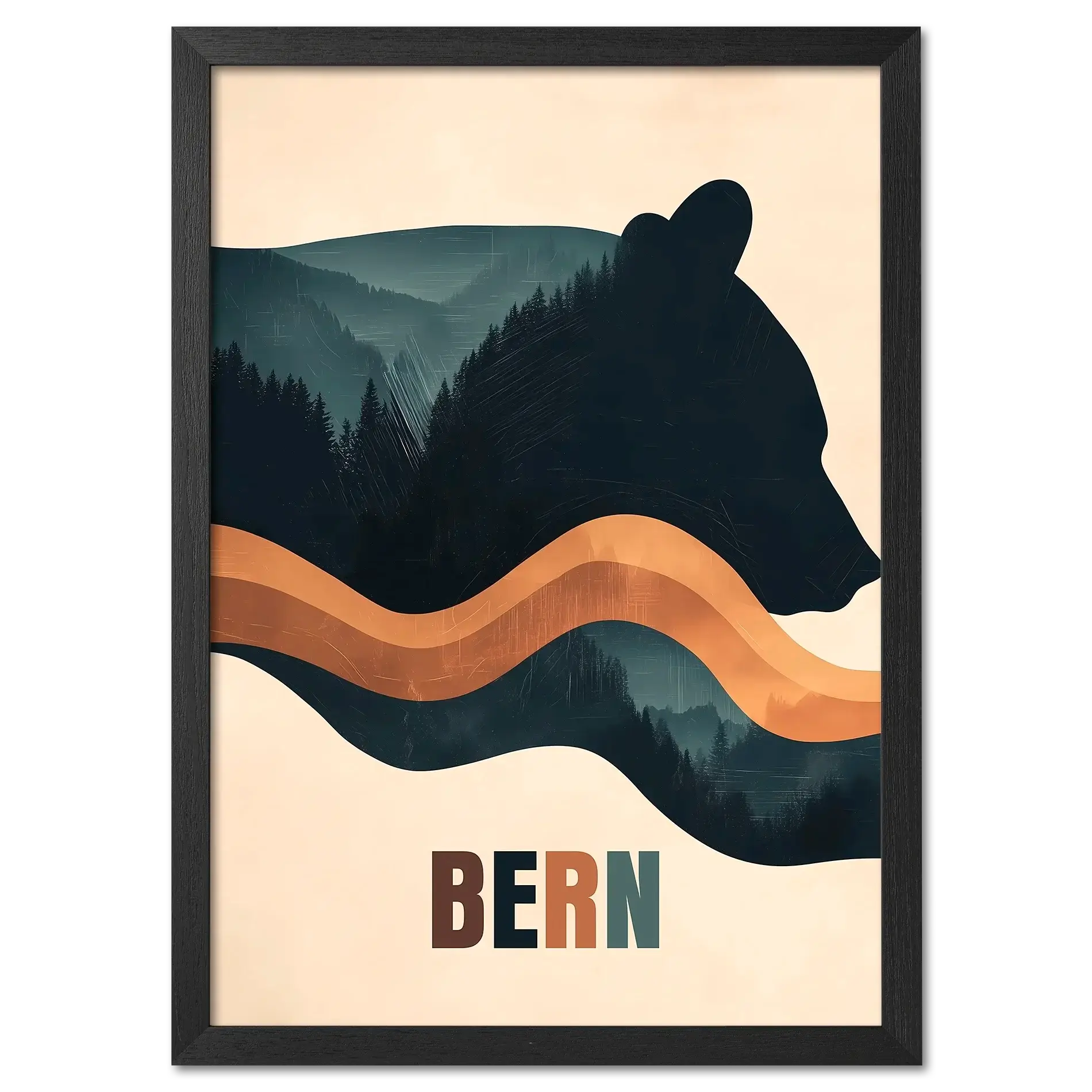 Stylized bear silhouette in Spirit of Nature - Poster with forested hills and soft earth tones, representing Bern.