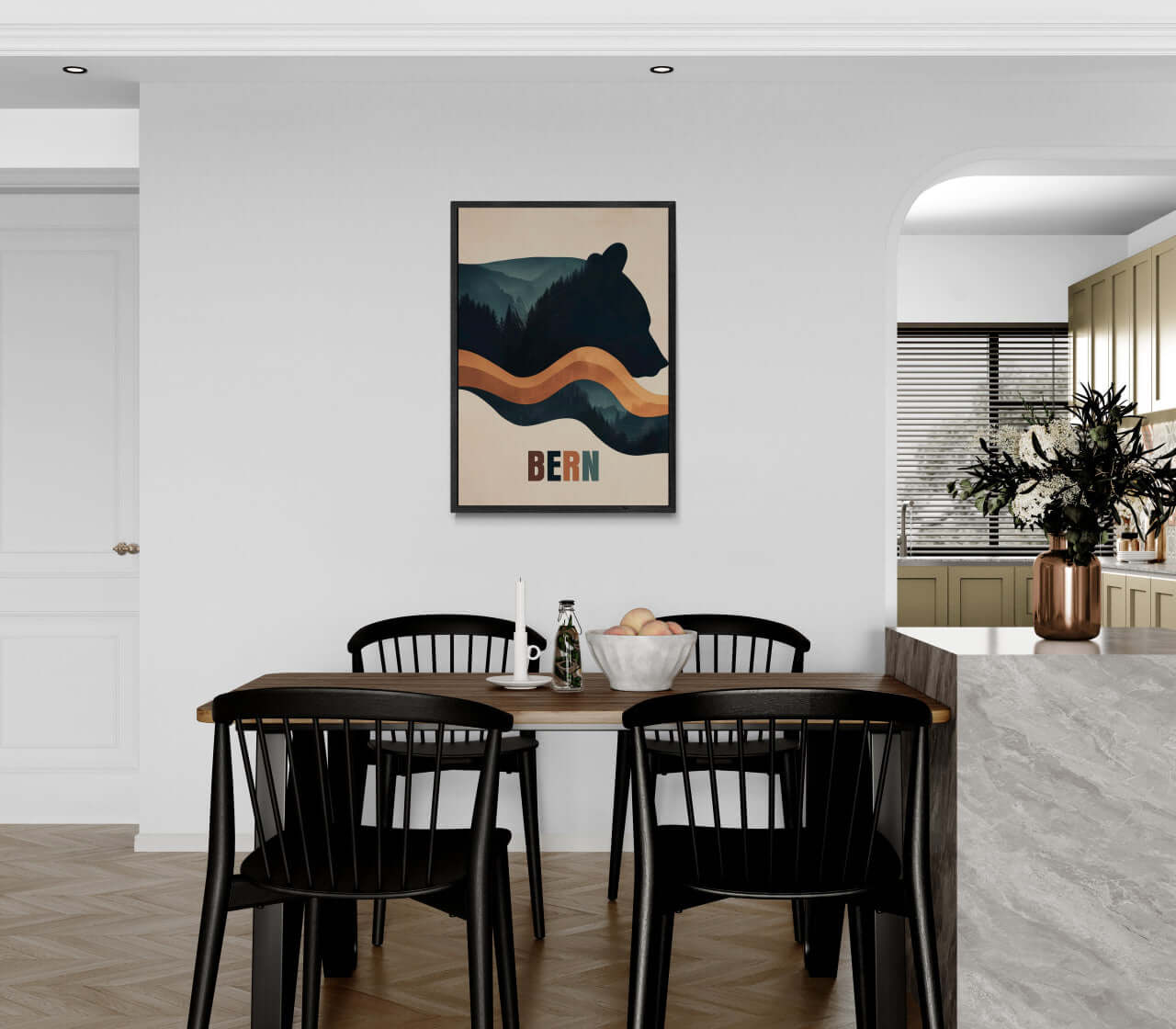 Spirit of Nature - Poster displayed in modern dining area with stylish chairs and kitchen backdrop.