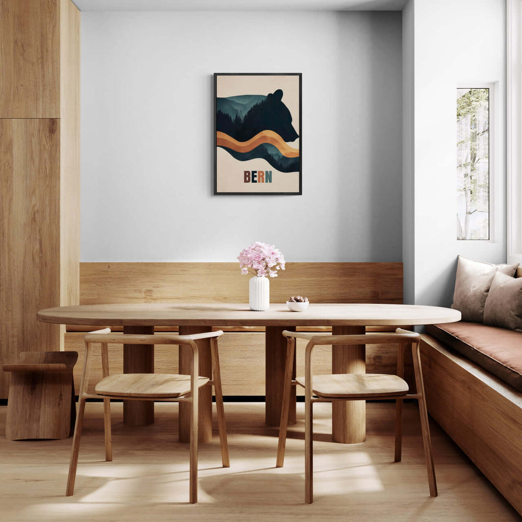 Spirit of Nature - Poster featuring a stylized bear silhouette in a modern living room with wooden decor.