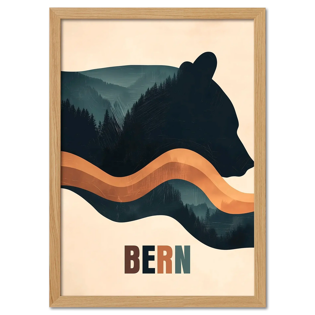 Spirit of Nature - Poster featuring a stylized bear silhouette and forested hills in calm earth tones.