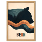 Spirit of Nature - Poster featuring a stylized bear silhouette and forested hills in calm earth tones.