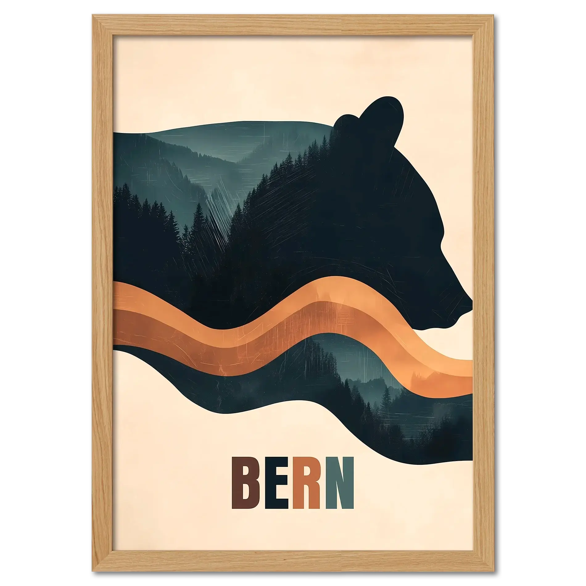 Spirit of Nature - Poster featuring a stylized bear silhouette and forested hills in calm earth tones.