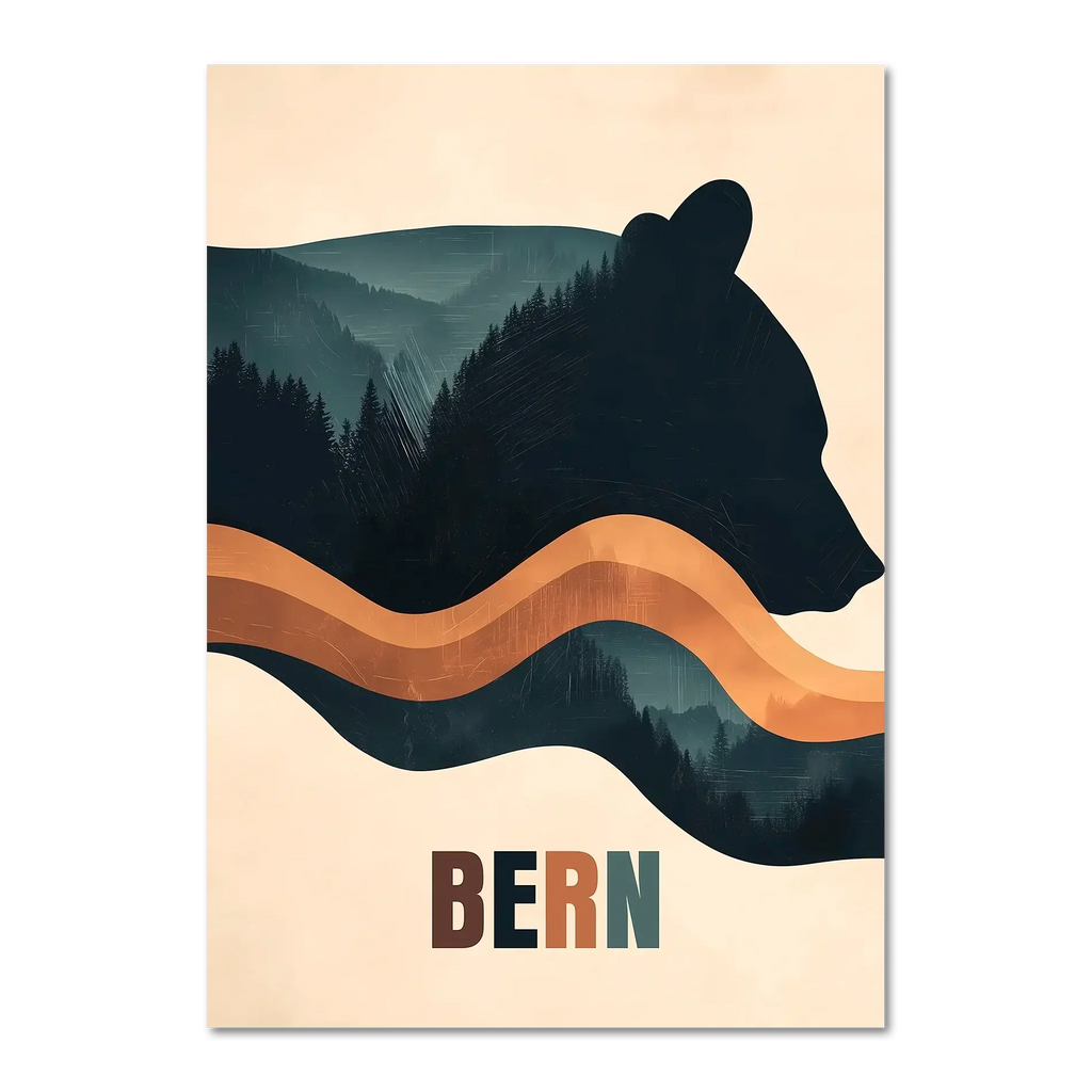 Spirit of Nature - Poster featuring a bear silhouette with forested hills in earthy tones.